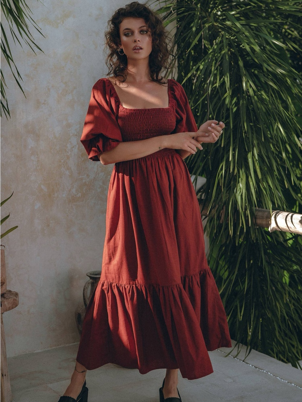 Bali Lane Almeria Smocked Midi Linen Dress  - Color Morocco - Small